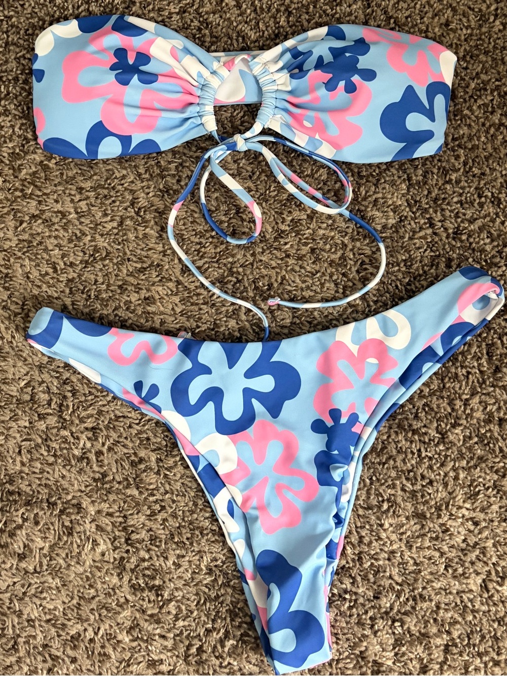 Girls Blue Floral Bandeau Bikini Set with Pink Accents